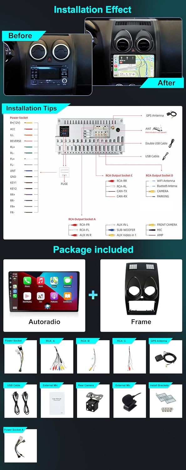 SXAUTO Android 12 - [6G+128G] - IPS Autoradio Passt für Nissan Qashqai J10 (2006-2015) - Eingebaut W