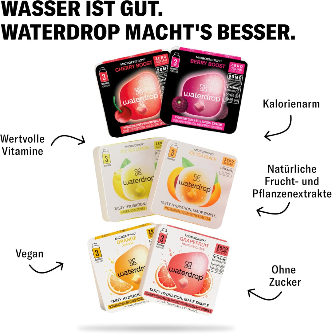 waterdrop® Starter Set Glass – Trinkflasche – 18 zuckerfrei Getränkewürfel zum Auflösen – 6 fruchtig