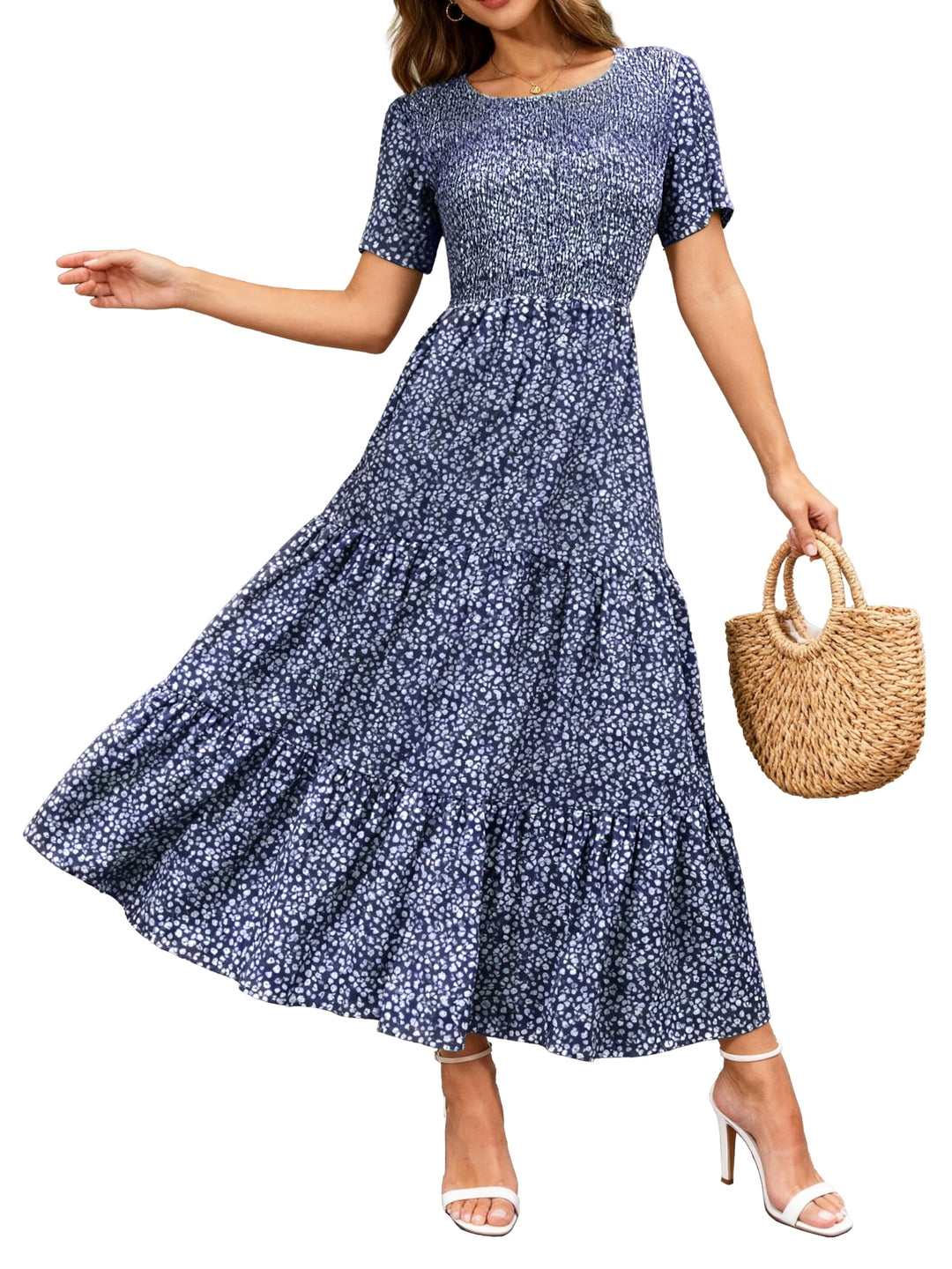 BTFBM Lässiges Sommerkleid für Damen, kurzärmelig, mit Rundhalsausschnitt, Boho-Stil, mit Blumendruc