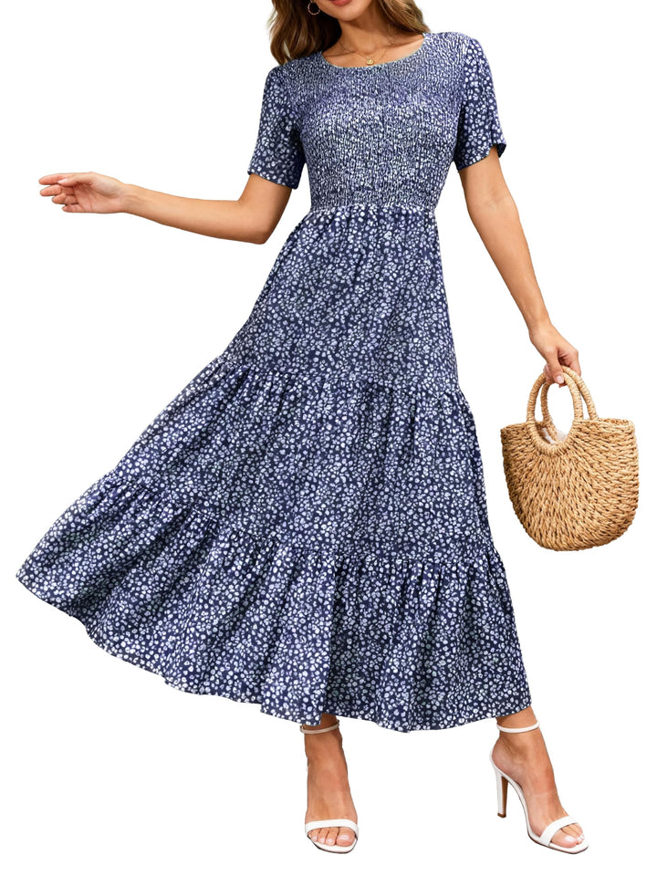 BTFBM Lässiges Sommerkleid für Damen, kurzärmelig, mit Rundhalsausschnitt, Boho-Stil, mit Blumendruc