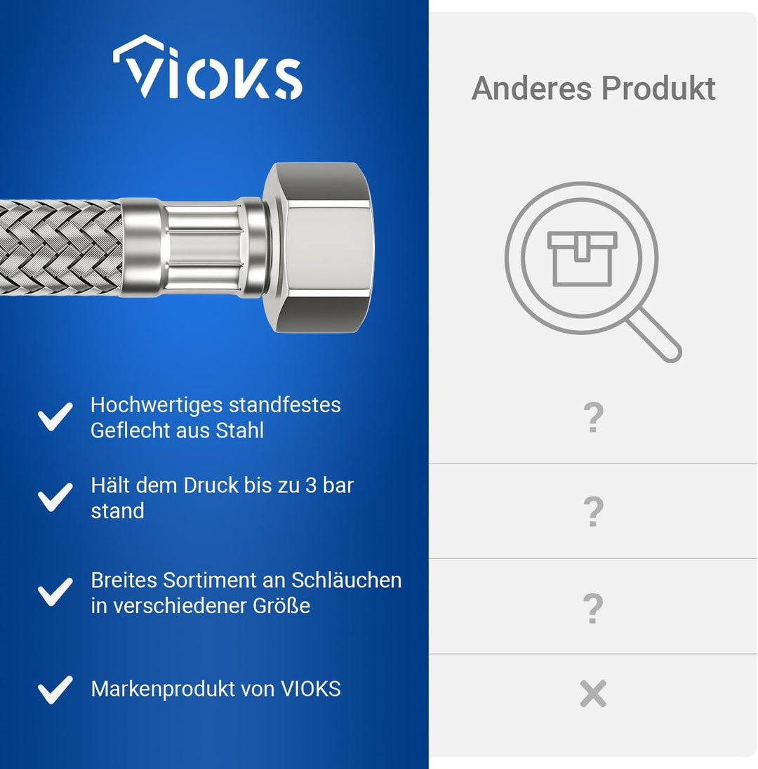VIOKS Panzerschlauch 1/2 Zoll (19,3mm) 200 cm mit 1/2 Überwurf Beidseitig - Flexschlauch 1/2 Zoll ,