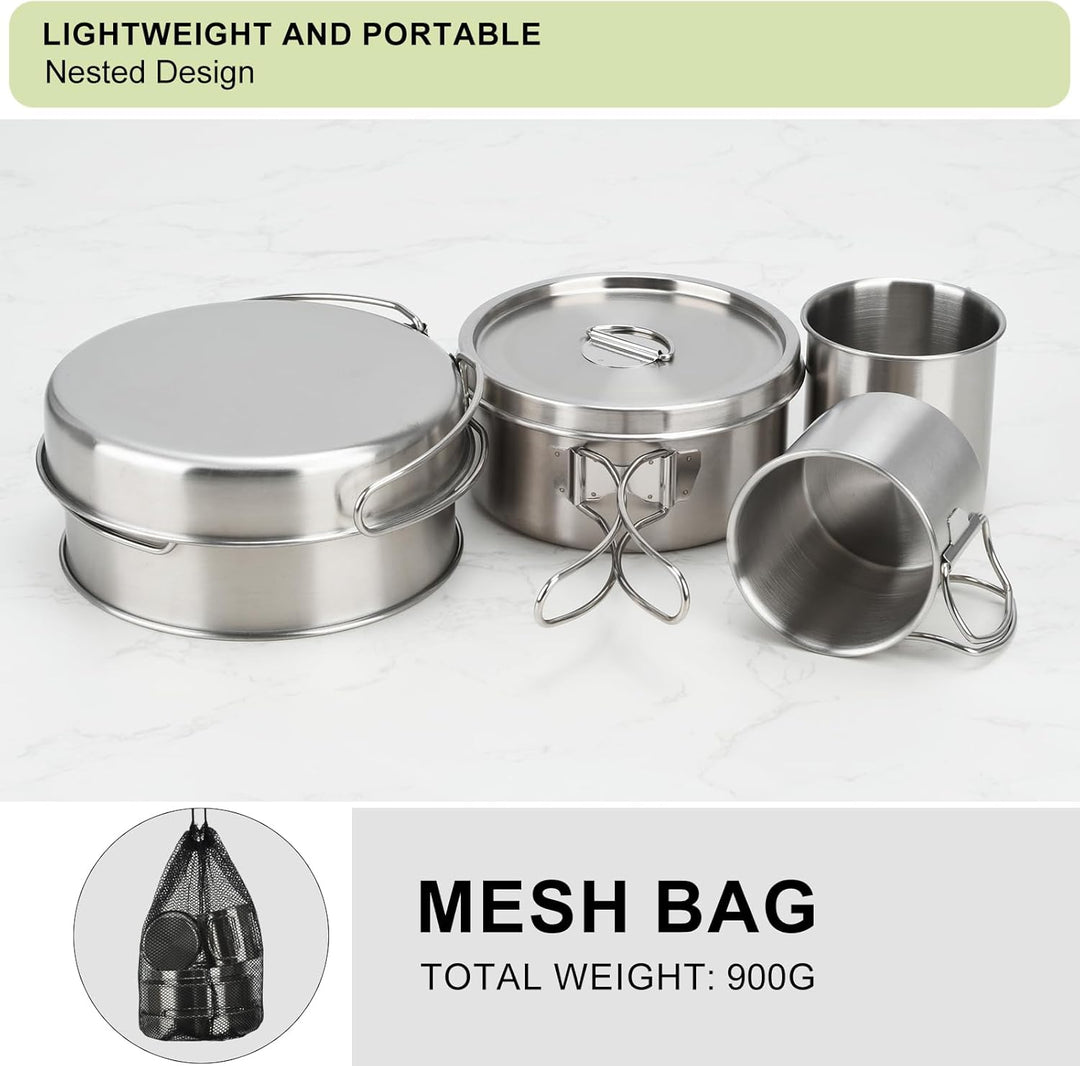 Rucksack Camping Kochgeschirr, 304 Edelstahl Mini-Picknick-Camping Kochset mit Topf und Pfannenset f