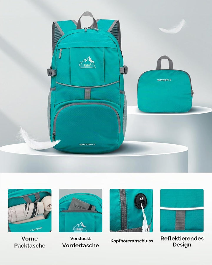 WATERFLY Faltbarer Rucksack Ultraleicht Wanderrucksack: 25L Leichter Tagesrucksack Sportlich Packabl