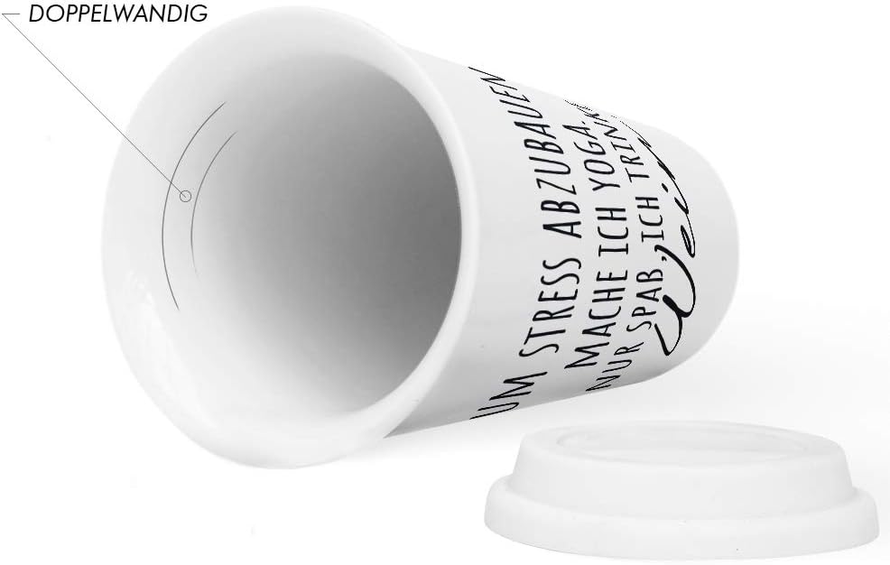 JUNIWORDS To-Go Becher mit Deckel, Um Stress abzubauen mache ich Yoga. Nur Spass, ich trinke Wein (1