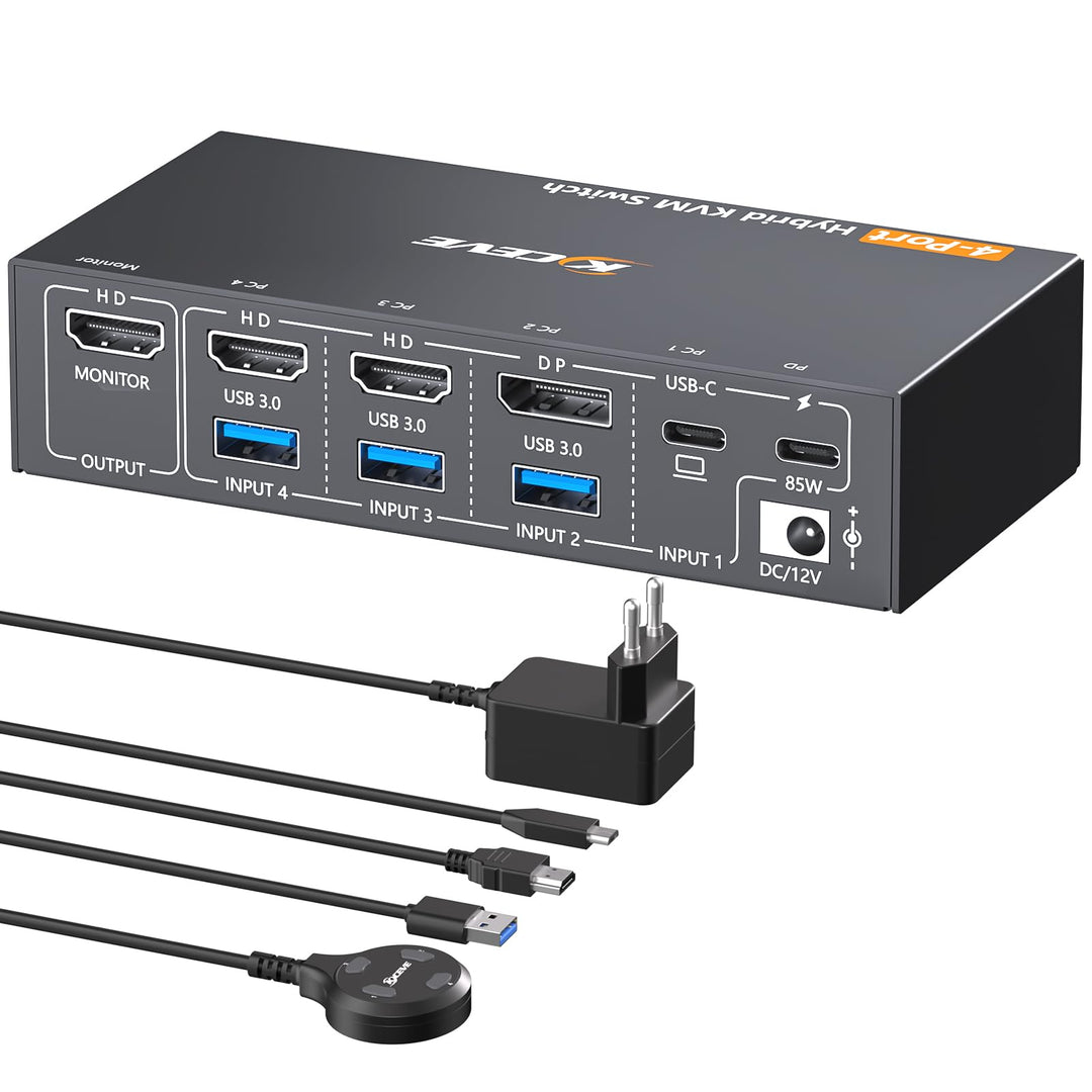 KVM Switch 4 PC 1 Monitor HDMI USB-C DP, 4K@60Hz EDID USB3.0 KVM Switch 4 Port für 4 Computer Teilen