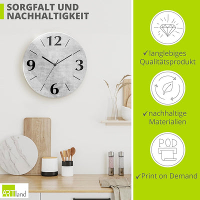 ARTLAND Wanduhr ohne Tickgeräusche aus Glas Funkuhr Ø 30 cm Rund Lautlos Ø 30 cm Grauer Beton Optik