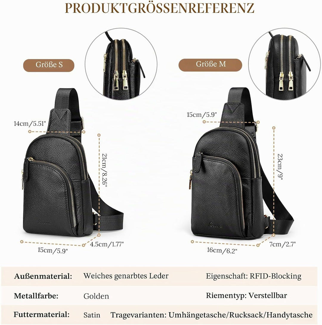 S-ZONE RFID-blockierende Damen-Umhängetasche, Leder, klein, Brustrucksack, Rucksack Schwarz-1, Schwa
