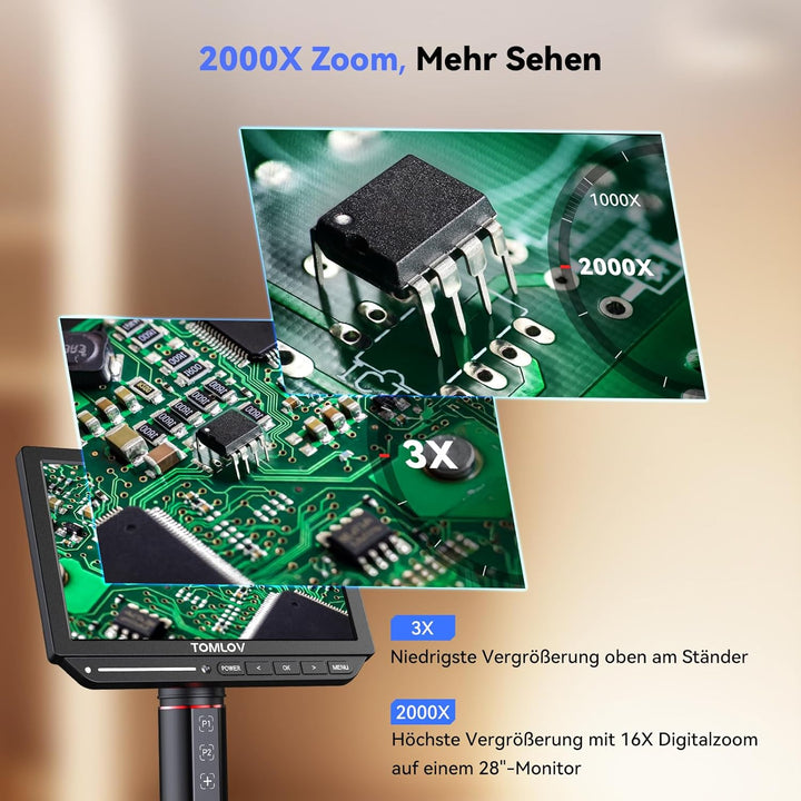 TOMLOV TM4K-AF Flex 4K Autofokus Digitales Mikroskop 2000X, 8" HDMI IPS Mikroskop Vergrösserung, 52M