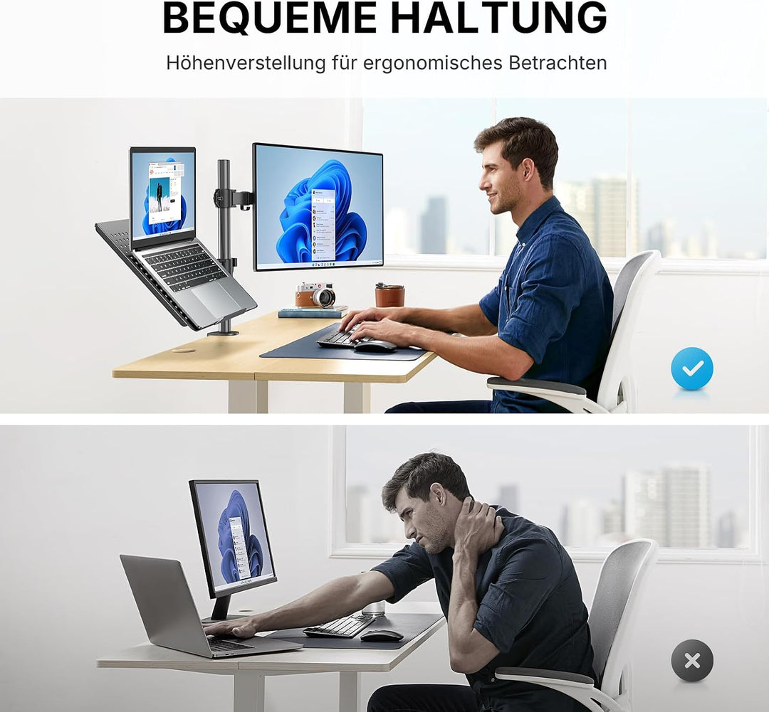 HUANUO Monitor Halterung mit Laptop Arm, Monitor Laptop Halterung für 13-32 Zoll Bildschirmhalterung