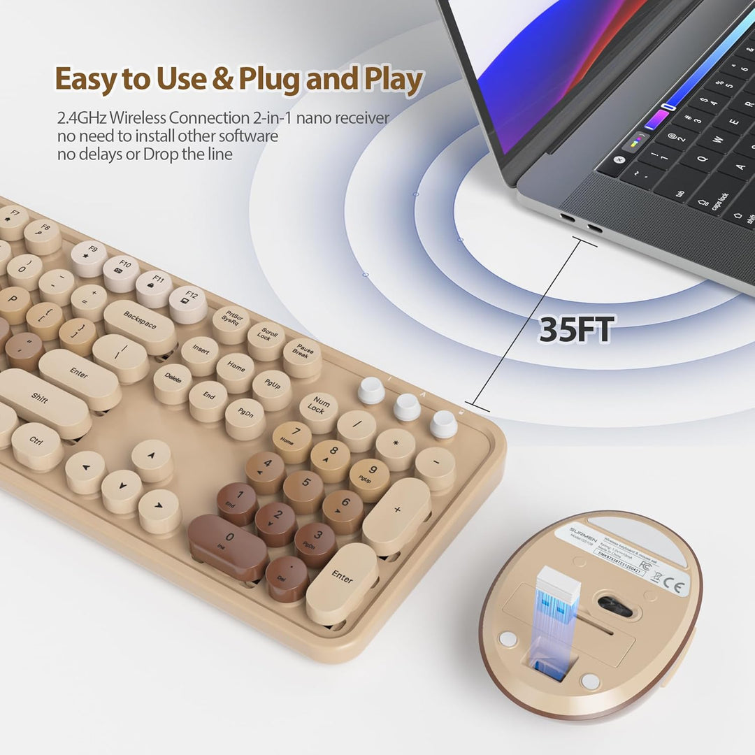 SOLIDEE kabellose Tastatur- und Maus-Kombination,Retro-Schreibmaschinen-Tastatur,2.4GHz runde Tasten