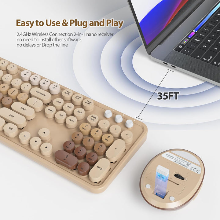 SOLIDEE kabellose Tastatur- und Maus-Kombination,Retro-Schreibmaschinen-Tastatur,2.4GHz runde Tasten