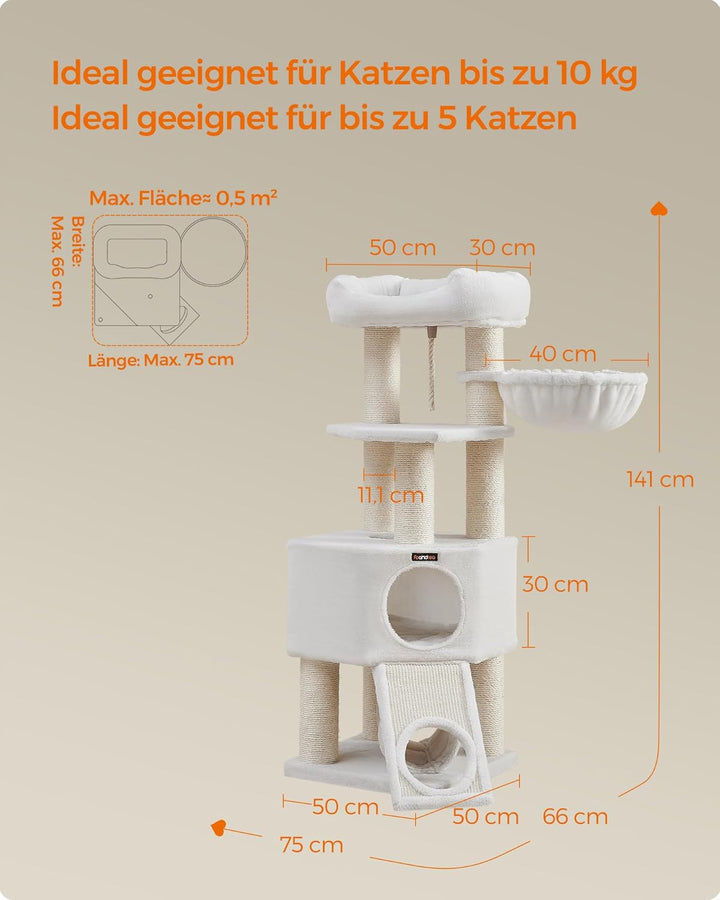 Feandrea Grosser Kratzbaum, M Katzenbaum, mit Höhle, Hängematte, Plüschplattform, Tunnel, Sisalstämm