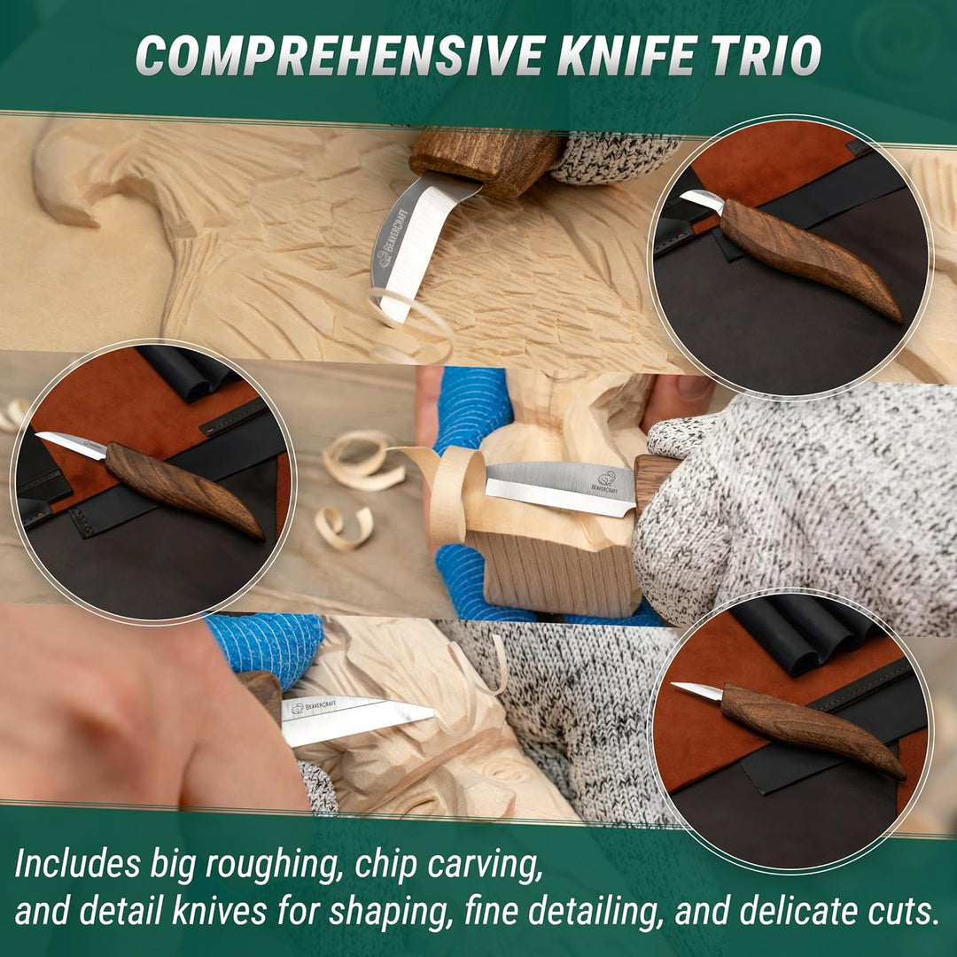 BeaverCraft Deluxe S15X Holzschnitzmesser-Set mit Ledertasche – Holzschnitz-Set Premium-Holzschnitzw