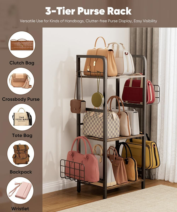 Garbuildman 3-stöckiges Handtaschen-Organizer-Regal, Holz & Metall, Aufbewahrungsständer mit verstel