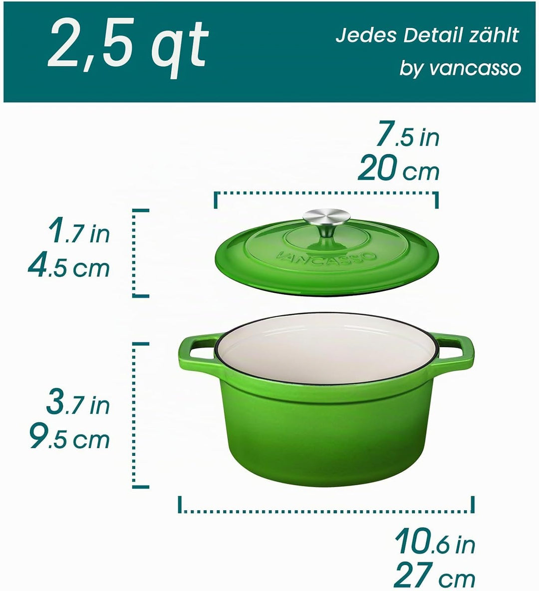 vancasso Emaillierter Schmortopf aus Gusseisen, 2 l, Antihaft-Kochtopf, ofenfest, Induktionsgeeignet