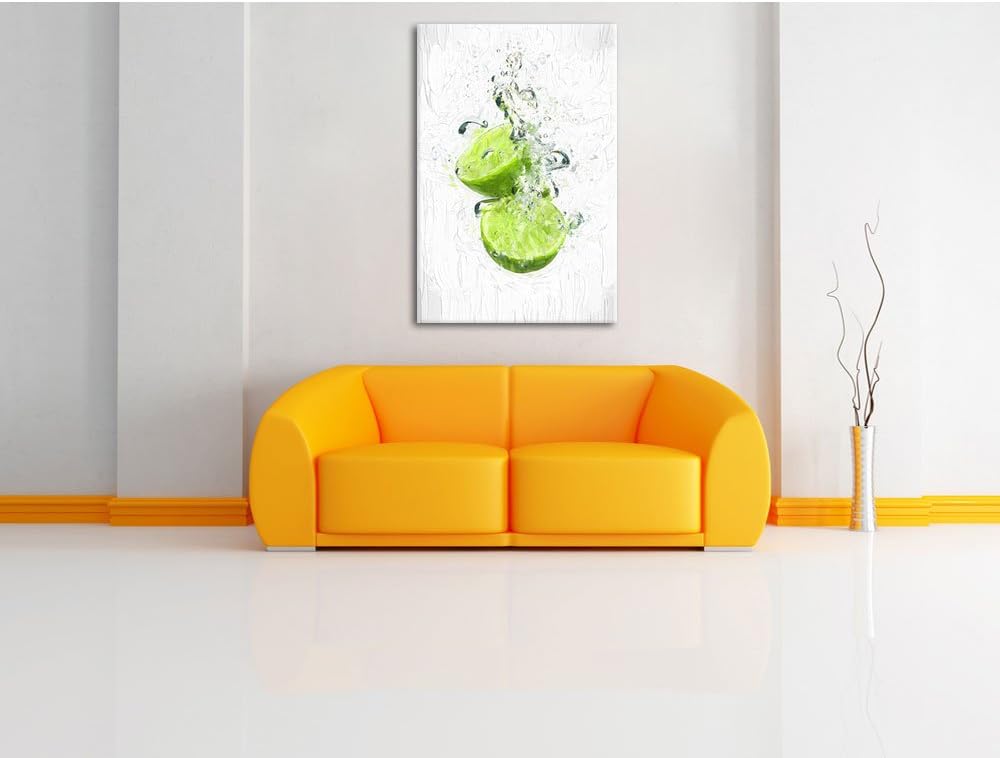 Pixxprint Limette fällt in Wasser / 100x70cm Leinwandbild bespannt auf Holzrahmen/Wandbild Kunstdruc