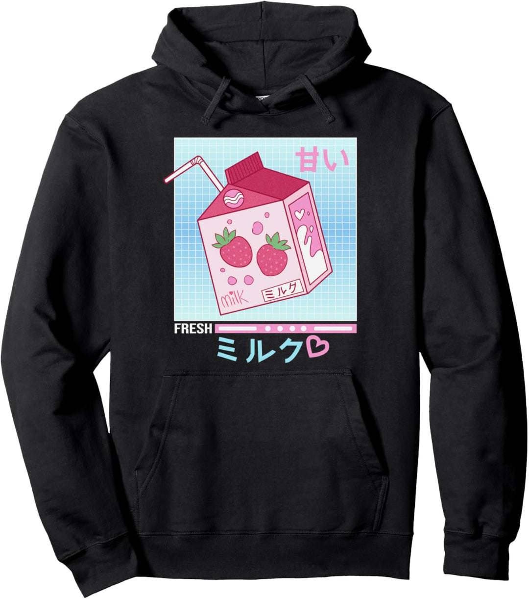 Strawberry Milk Kawaii Japanische Erdbeer-Milch Kanji Retro Pullover Hoodie