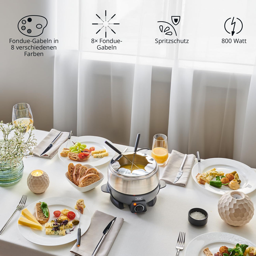 KHG Elektro-Fondue FO-800SE mit Edelstahl-Topf 1,8 L Silber für bis zu 8 Personen, variable Temperat