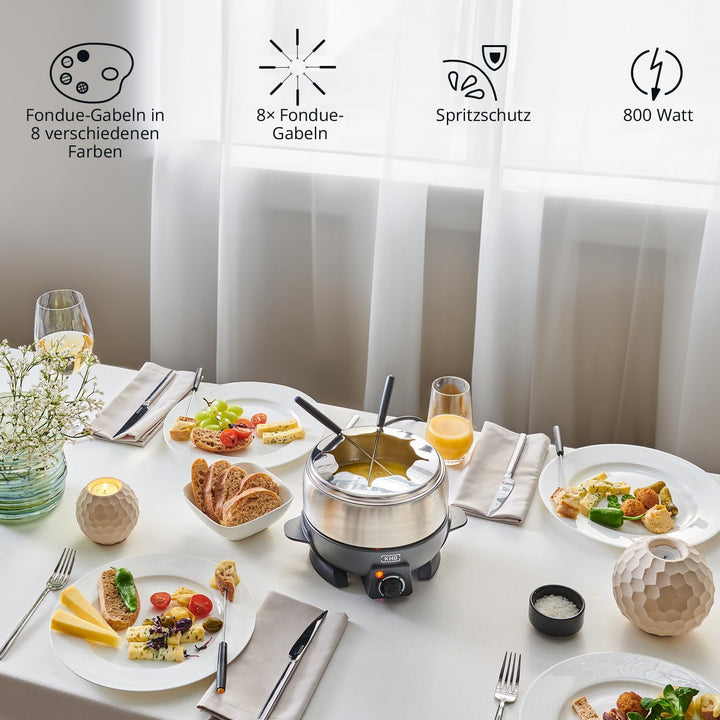 KHG Elektro-Fondue FO-800SE mit Edelstahl-Topf 1,8 L Silber für bis zu 8 Personen, variable Temperat