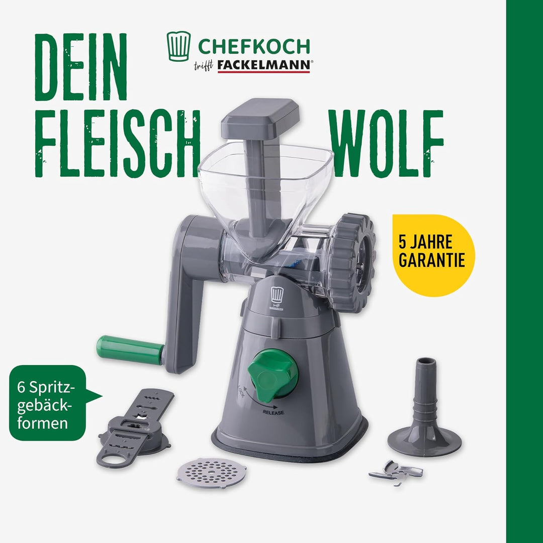 FACKELMANN Chefkoch Fleischwolf mit Gebäckvorsatz – Drehwolf für Fleisch oder als Gebäckpresse zum B