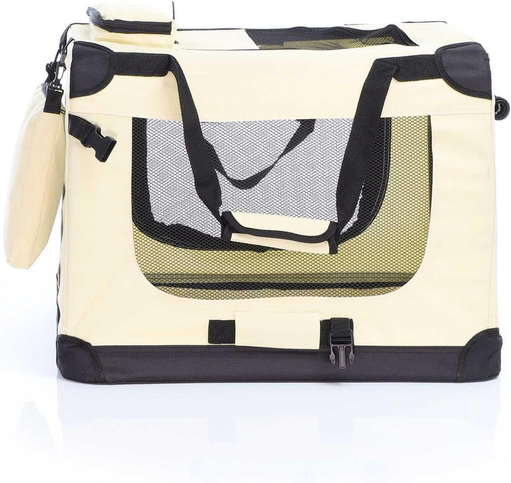 Fudajo Faltbare Transportbox in Beige für Haustiere, Grösse M (60x42x44cm), Tragegriff, Liegedecke