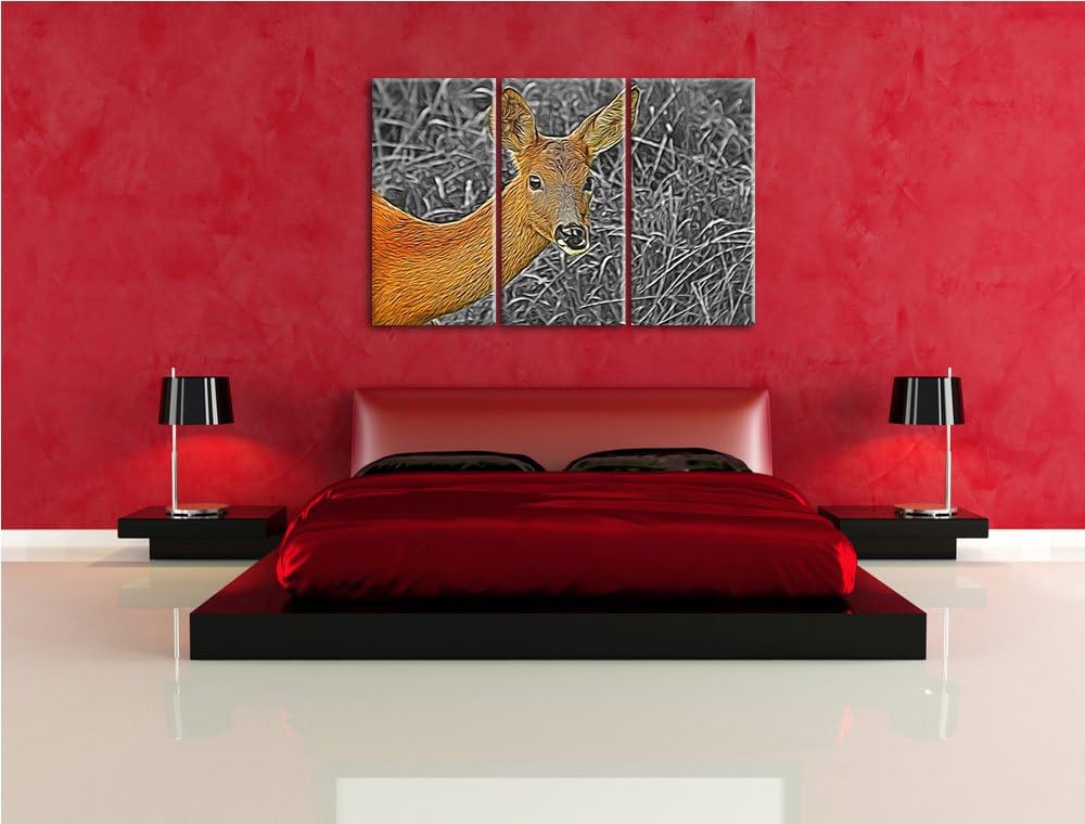 stolzes Reh beim Fressen schwarz/weiss Deluxe 3-Teiler Leinwandbild 120x80 Bild auf Leinwand, XXL ri