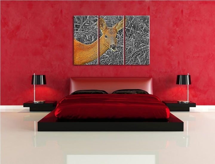stolzes Reh beim Fressen schwarz/weiss Deluxe 3-Teiler Leinwandbild 120x80 Bild auf Leinwand, XXL ri