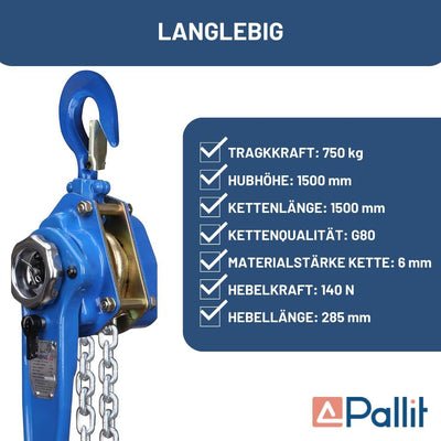 Pallit Hebelzug LEVER-S | 750 kg Tragkraft | 1,5 m Kettenlänge | strapazierfähige Lastbremse | Freil