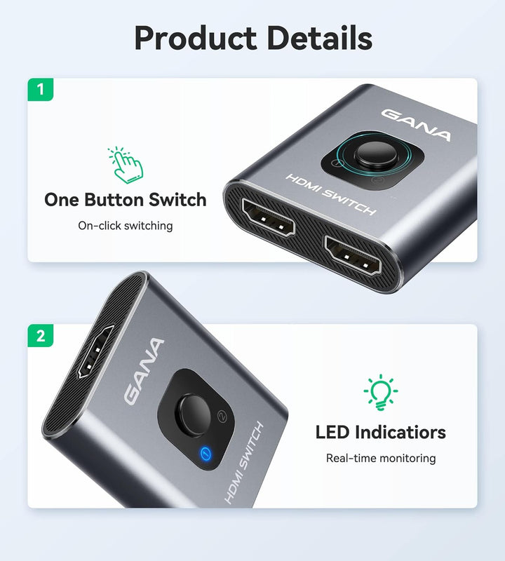 GANA HDMI-Switch 4 K 60 Hz – Bidirektionaler Schalter aus Aluminium, 2 Eingänge, 1 Ausgang/1 Eingang