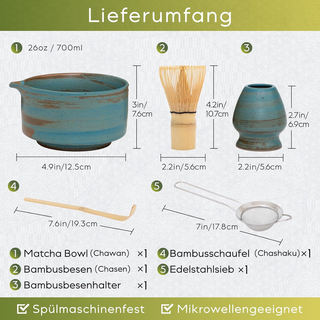 HIBINO Japanisches Matcha Set – Matcha Schale mit Ausguss, Matcha Besen & Halter, Bambus Löffel & Ed