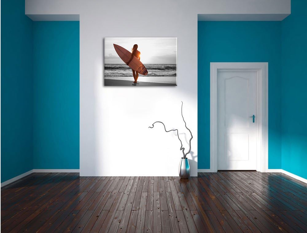 Pixxprint Surferin vor Sonnenuntergang als Leinwandbild/Grösse: 100x70 cm/Wandbild/Kunstdruck/fertig