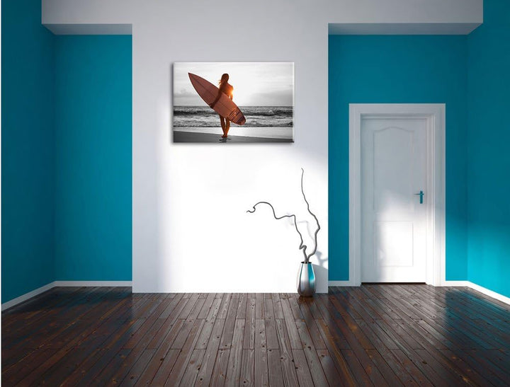 Pixxprint Surferin vor Sonnenuntergang als Leinwandbild/Grösse: 100x70 cm/Wandbild/Kunstdruck/fertig