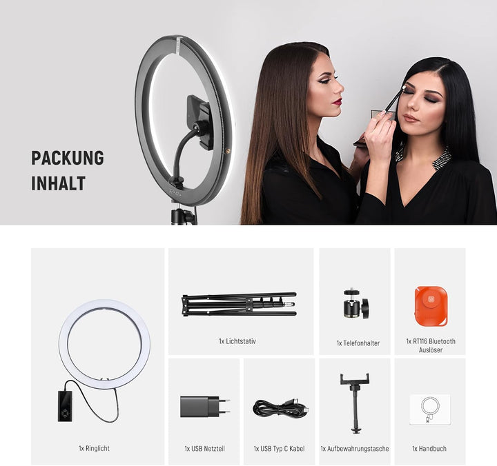 NEEWER 12" 24W Power LED Ringlicht mit Stativständer, zweifarbig 2900-7000K, USB C PD Eingang, CRI97
