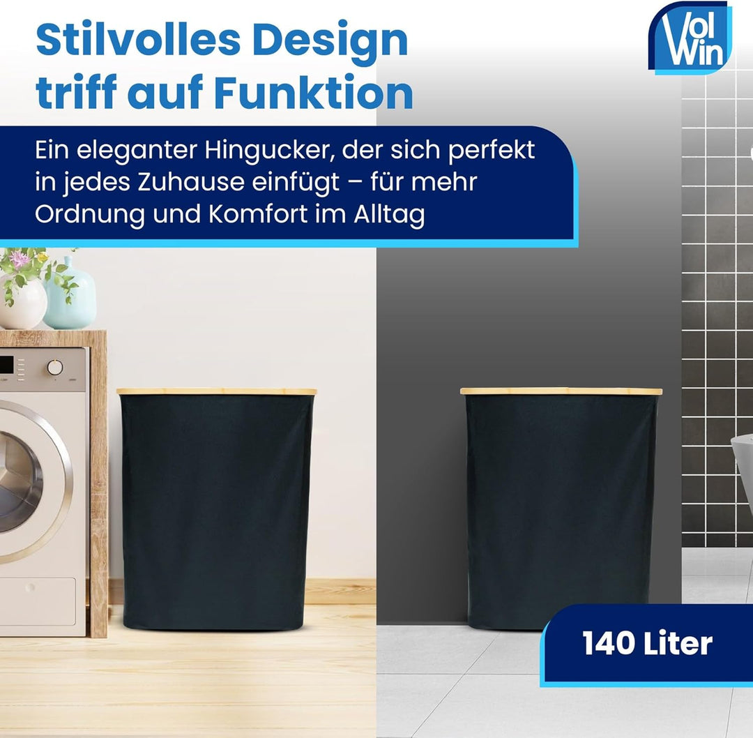Wäschekorb schwarz 140L – Faltbar & mit Deckel – 2 Fächer + 3 Wäschesäcke & 2 Waschnetze – Aus Oxfor