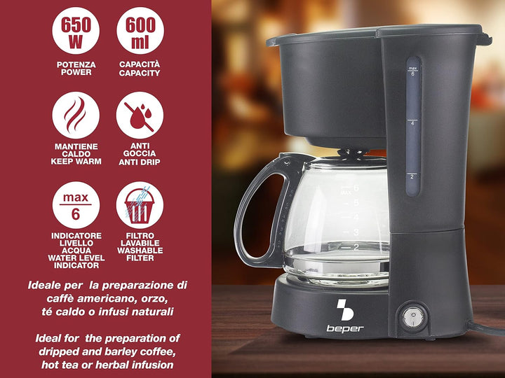 BEPER BC.060 Black Drip Coffee Maker, 6 Cups, Drip, Negro, Onesize, BC.060/BK 600 ml, 600 ml