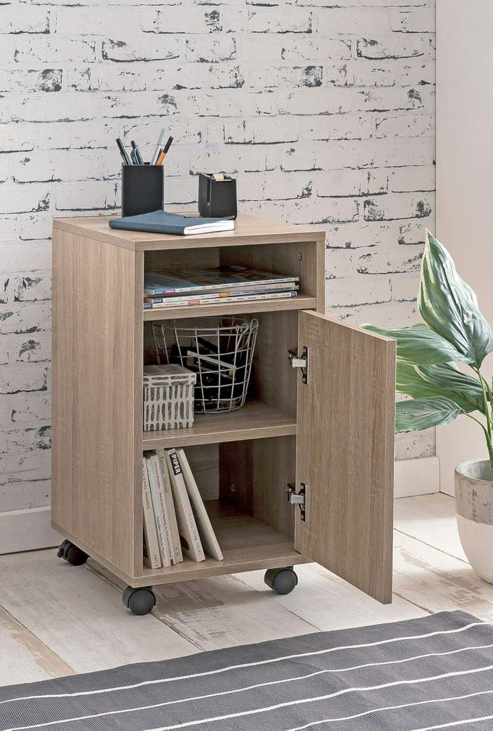 KADIMA DESIGN Rollcontainer OSSOLA: Weiss/Sonoma, 2 Türfächer, Ablagefach, Rollen mit Bremsen, Melam