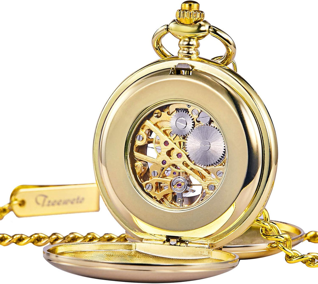 TREEWETO Unisex Taschenuhr mit Kette Analog Handaufzug glatt Doppelscharnier Römische Ziffern Gold B