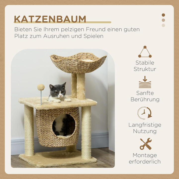 PawHut Kratzbaum 74 cm Katzenbaum mit Katzenhöhle Bett Spielball Beige | Katzenkratzbaum mit Sisal-K