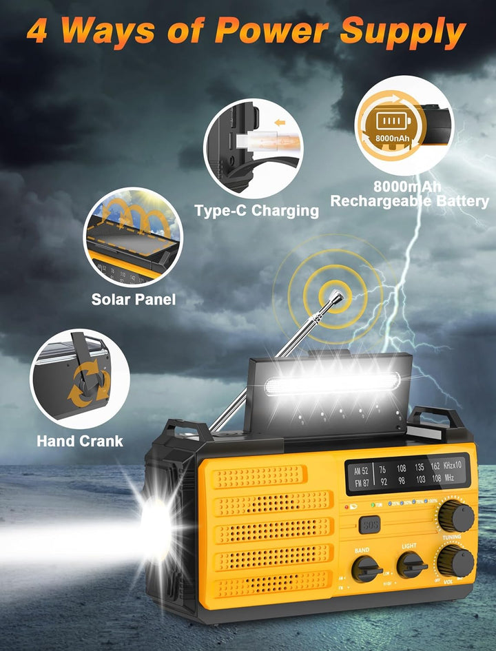 Tragbarer Solarradio Kurbelradio mit 3 Lademöglichkeiten, 8000 mAh Powerbank, AM/FM-Radio, SOS-Alarm