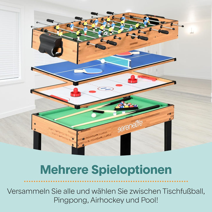 SereneLife Multifunktionstisch, Multigame Spieltisch – 4 in 1 mit Zubehör, Tischkicker, Billardtisch