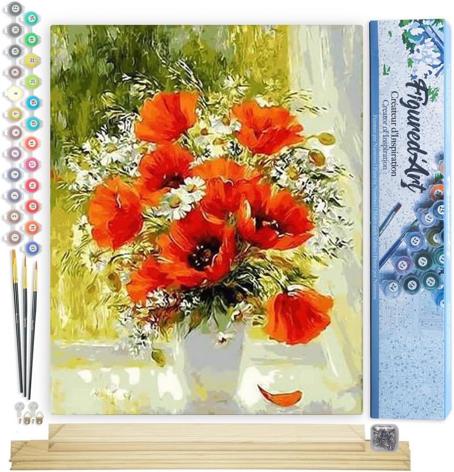 Figured'Art Malen Nach Zahlen Erwachsene Mit Rahmen Rote Blumen und Gänseblümchen - Paint by Numbers