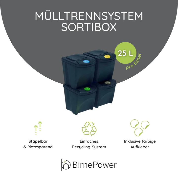 Mülleimer Müllbehälter Abfalleimer 100L Set 4 x 25L Mülltrennsystem Behälter Sorti Box mit Deckel Mü