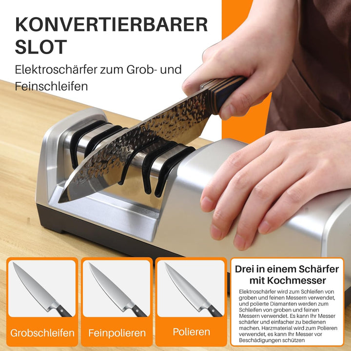 15 Grad Messerschärfer, 3-in-1 Elektrischer Messerschärfer für Fleisch und Gemüsemesser, Profi für G