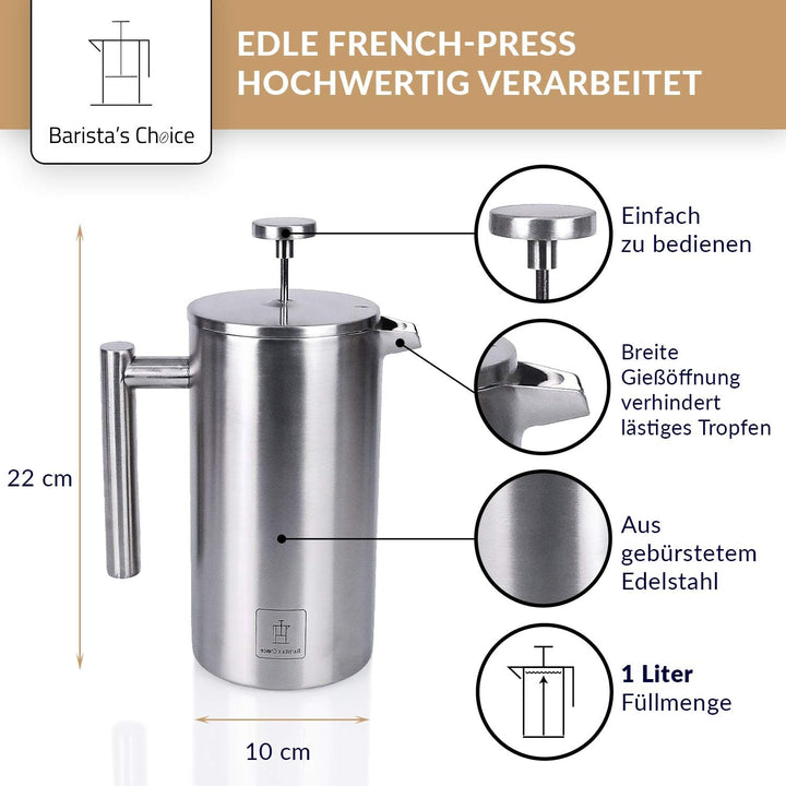 Barista's Choice French Press (max. 1 Liter) - hochwertiger Kaffeebereiter aus Edelstahl im edlen De
