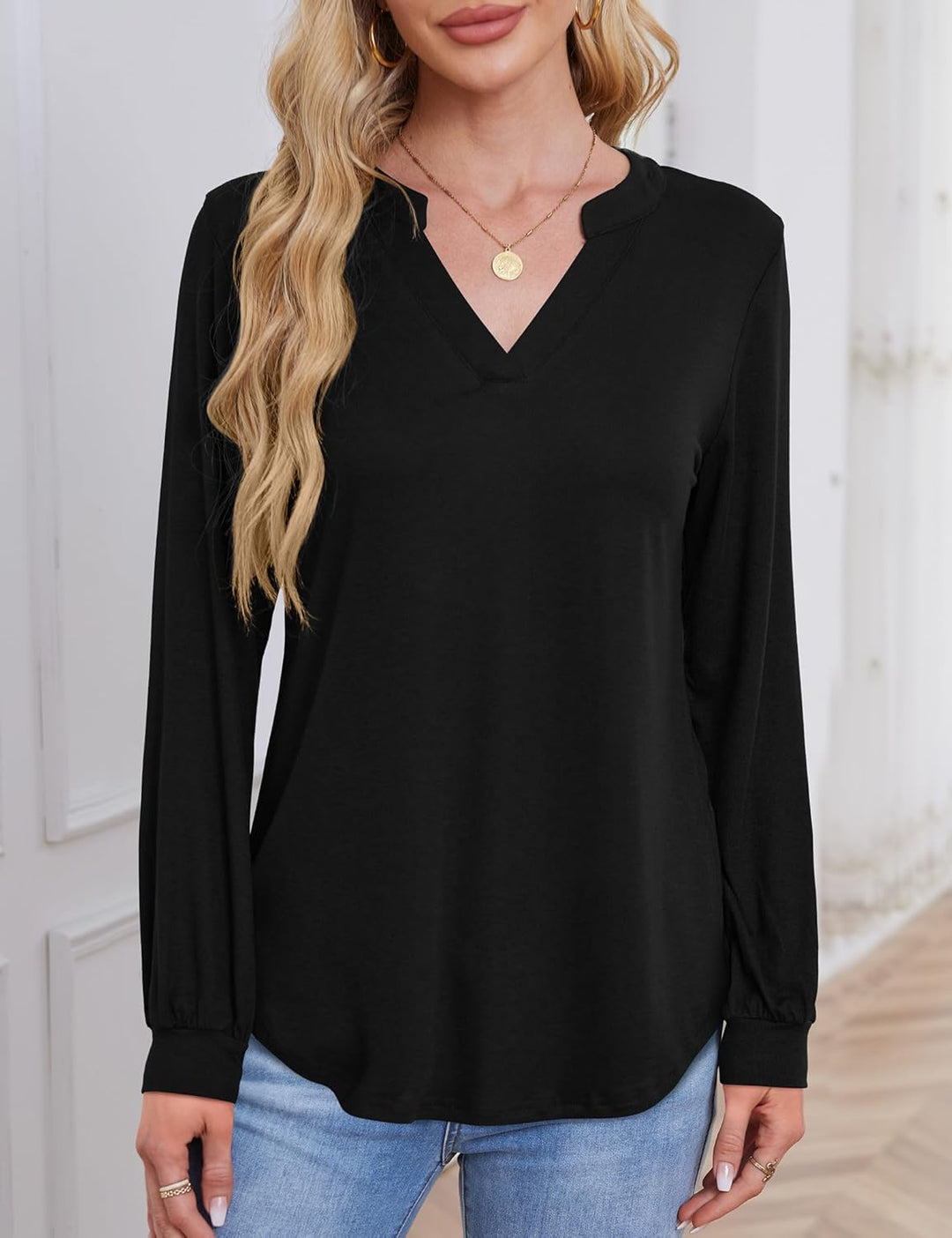 Beluring Langarmshirt Damen Elegant V Ausschnitt Tunika Bluse Einfarbig T-Shirt M Schwarz, M Schwarz
