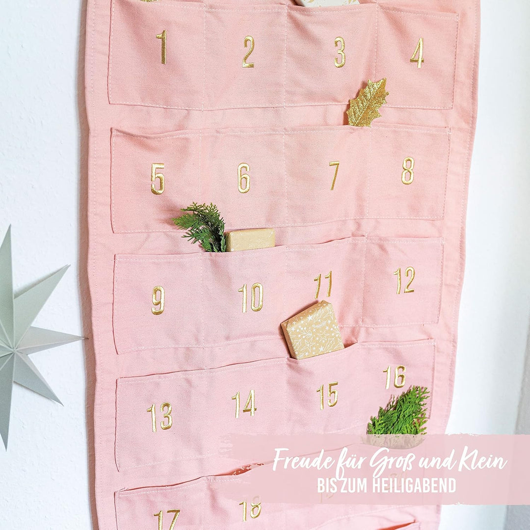 Papierdrachen Adventskalender 2023 als Wandkalender aus Stoff zum Befüllen - rosa &amp; gold - hochwerti