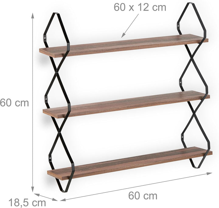 Relaxdays Wandregal, 3 Ablagen, HBT: 60 x 60 x 18,5 cm, Wandablage Flur, Industrial Design, MDF & Me