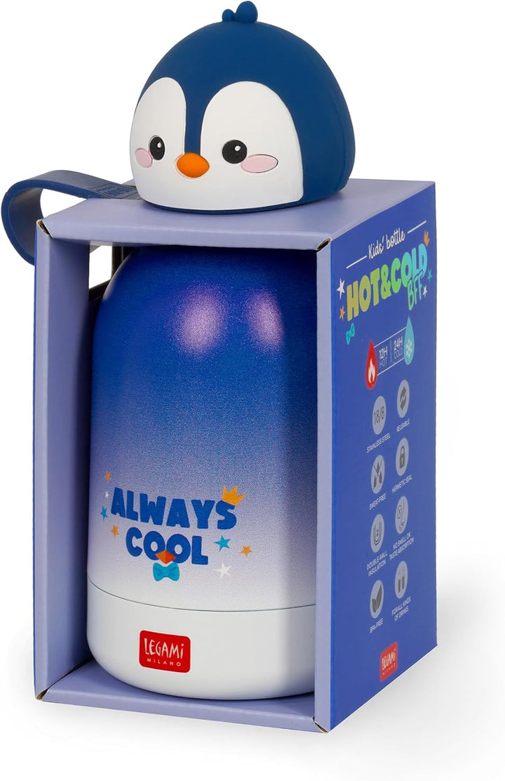 Legami - Hot&Cold BFF Kinder-Wasserflasche, Penguin-Motiv, doppellagig aus 18/8 Edelstahl mit luftdi