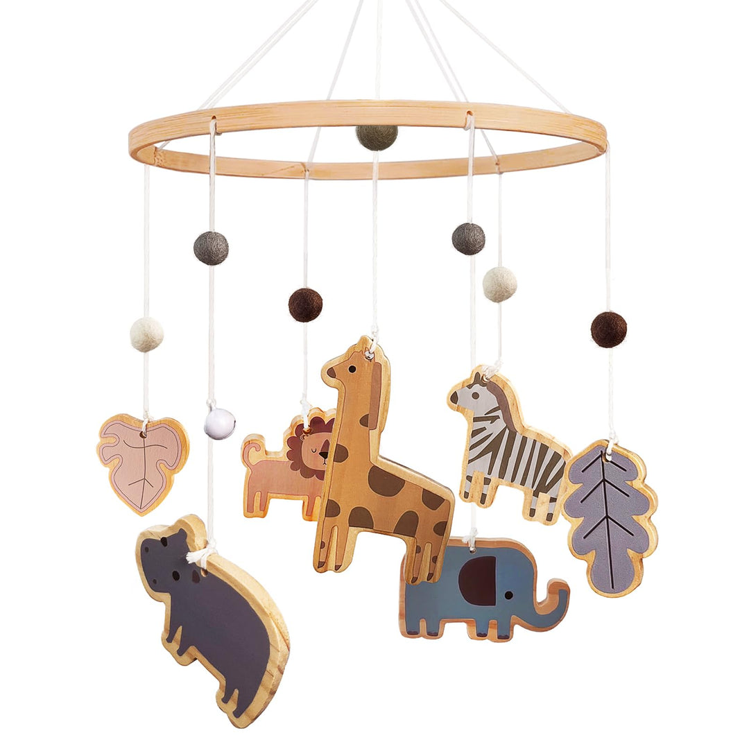 Mobile Baby Waldtiere, Holz Baby Mobile babybett spielzeug mit Wollknäuel Giraffe Löwe Elefant, Wind