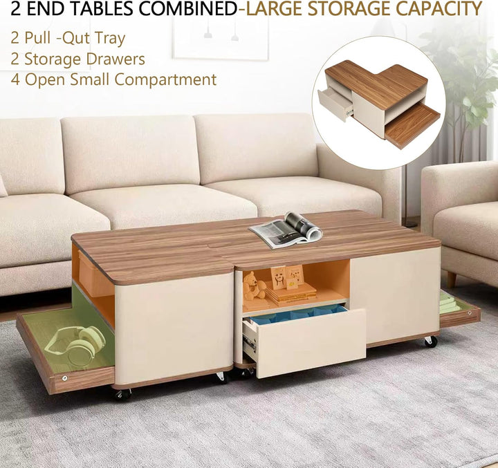 Couchtisch mit Rollen, Wohnzimmertisch Holz mit 2 Schublade, Frei Arrangiert, Ausgefallene Couchtisc